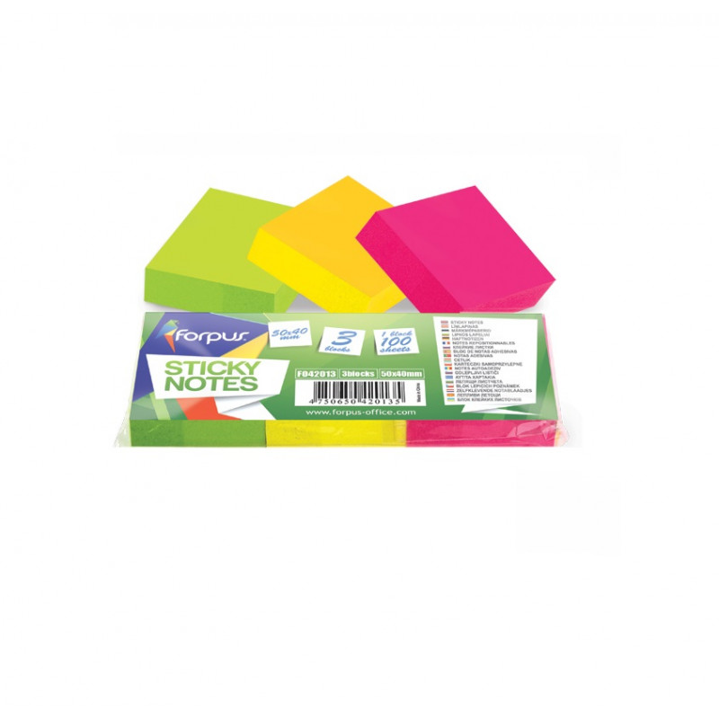 Sticky notes 51x38mm 3 colors. NEON x 100 sheets Forpus