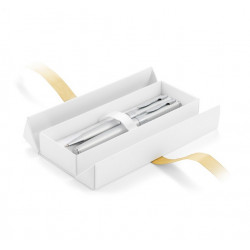 Dėžutė rašikliui E26 balta su aukso sp. kaspinu
