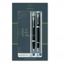Pen set PARKER IM CT, fountain pen + ballpoint pen, black color with silver-colored details