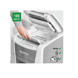 Automatic document shredder LEITZ IQ SMALL OFFICE 100 P4 with waste bin