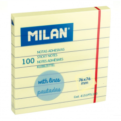 Sticky Notes with Lines MILAN FLUO 76x76mm, 100 sheets, yellow color.