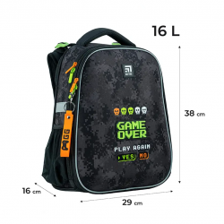 Backpack for primary school students KITE GAME OVER 16L, 38x29x16cm, multicolored, black coloros spalvos