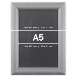 Pakabinamas reklaminis rėmas A5 (14,8x21) atlenkiamais 25mm krašteliais aliuminiu rėmu CLICK