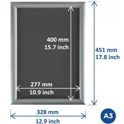 Pakabinamas reklaminis rėmas A3 (29,7x42) atlenkiamais 25mm krašteliais aliuminiu rėmu CLICK